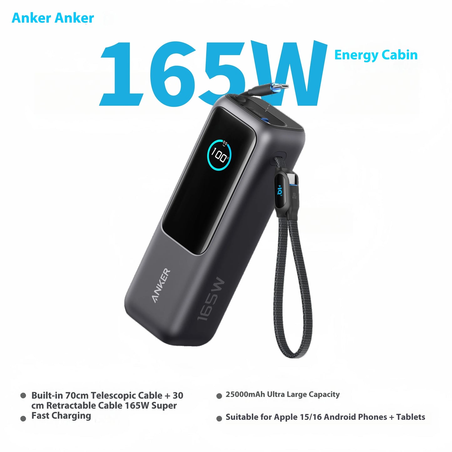 ANKER ZOLO 25,000MAH 165W FAST CHARGE POWER BANK WITH CABLES