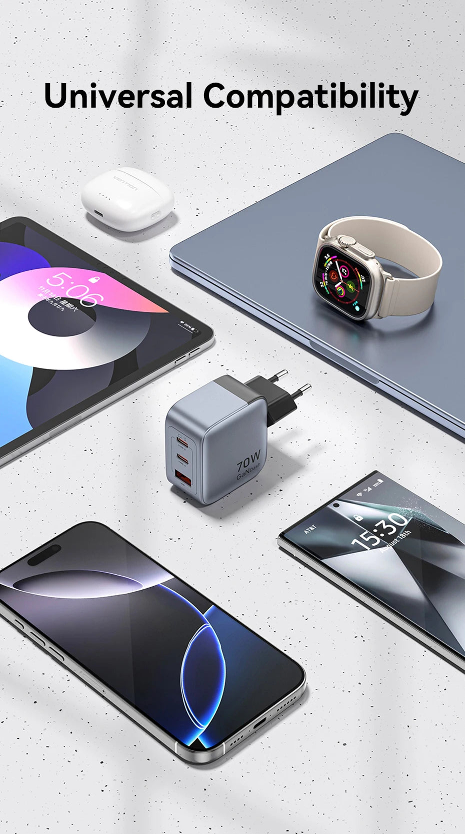 VENTION 70W GAN USB-C CHARGER – FAST CHARGE FOR IPHONE & LAPTOPS