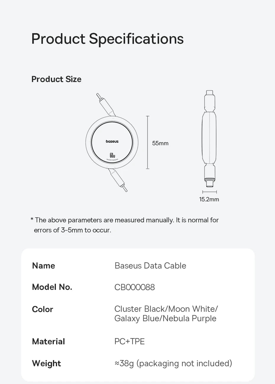 BASEUS 60W RETRACTABLE USB-C FAST CHARGING CABLE